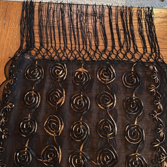 Black Sheer Shawl Wrap Bronze Appliqué Circular Pattern and Fringe Scarf 20x63” - Picture 11 of 12